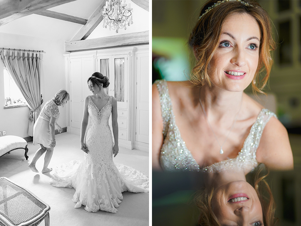 The bride wore a beautifully beaded lace fishtail wedding dress with a simple yet elegant hair vine 