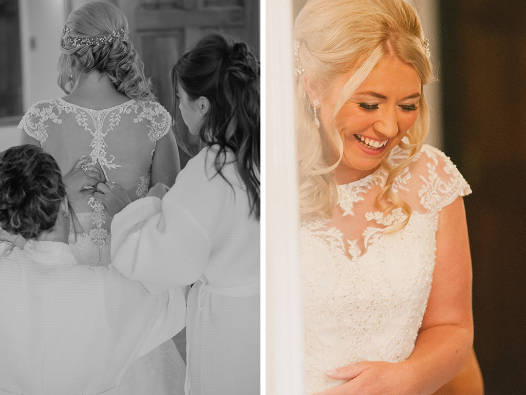 The bride looked beautiful in a lace wedding dress with sequin and crystal detailing on the back