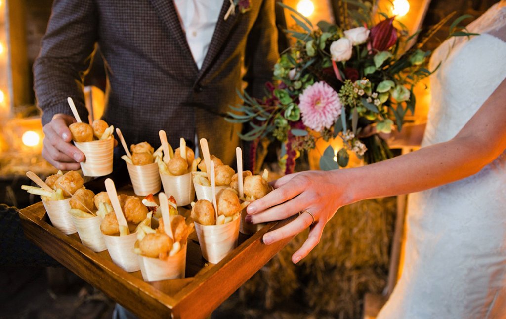 Mini fish and chip cones are the perfect canape choice for your winter wedding menu at Sandhole Oak Barn