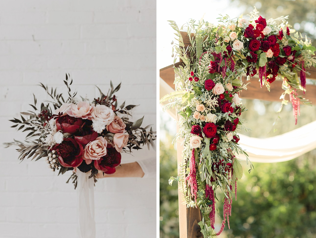 Pretty red and pale pink roses with lots of lush foliage are perfect for a Valentine wedding at Sandhole Oak Barn near Manchester