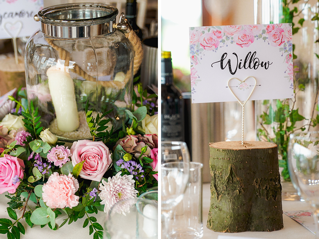 Wood slices and hurricane lamps with pretty pastel flowers were used as table centrepieces 